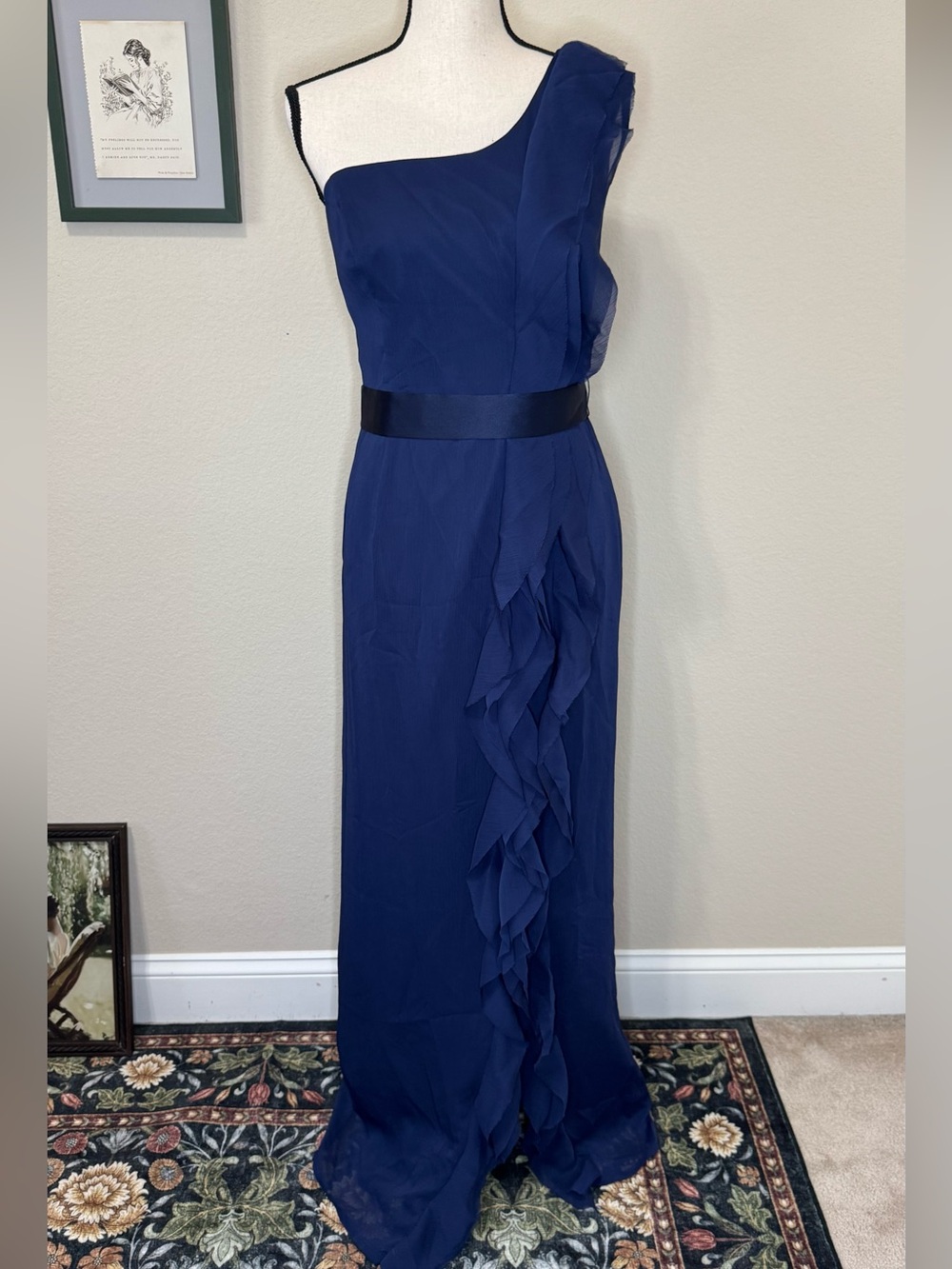 WHITE BY VERA WANG | One-Shoulder Navy Blue Ruffled Evening Gown Size 8